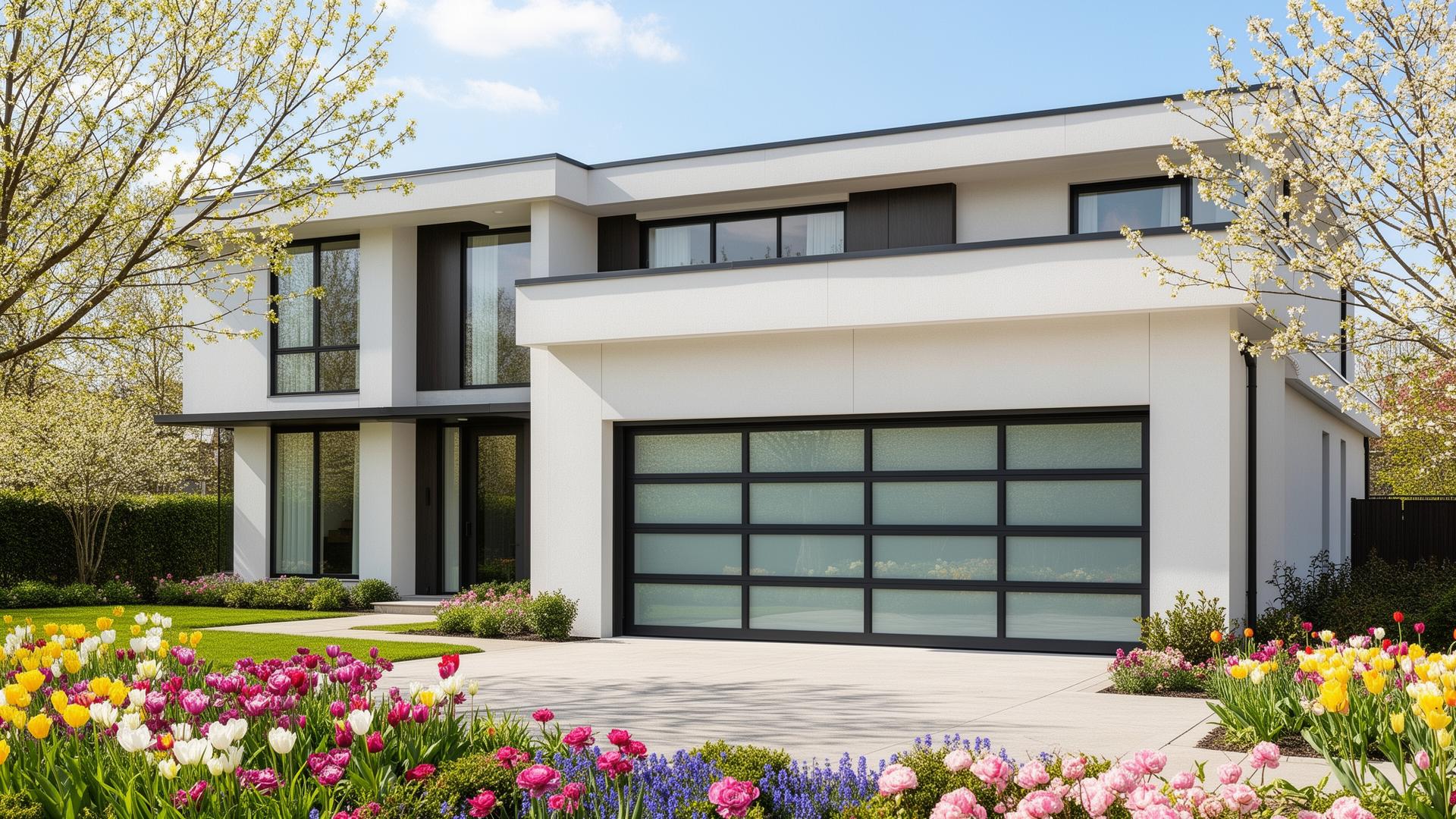 Modern contemporary home with aluminum glass panel garage door in Norwood NC