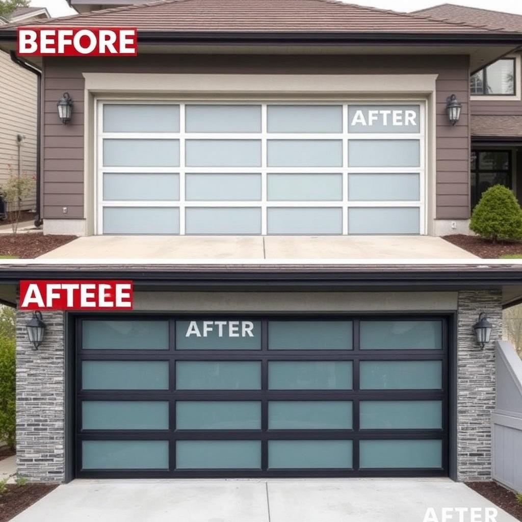 Professional aluminum glass panel garage door installation on modern home